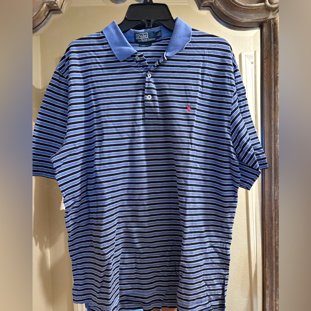 Polo by Ralph Lauren Navy and White Striped Polo Shirt. Golf fit.